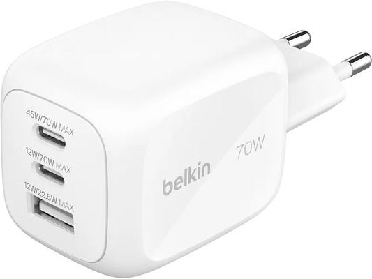 Belkin 70W 3-Ports GaN Vegglader - Hvit