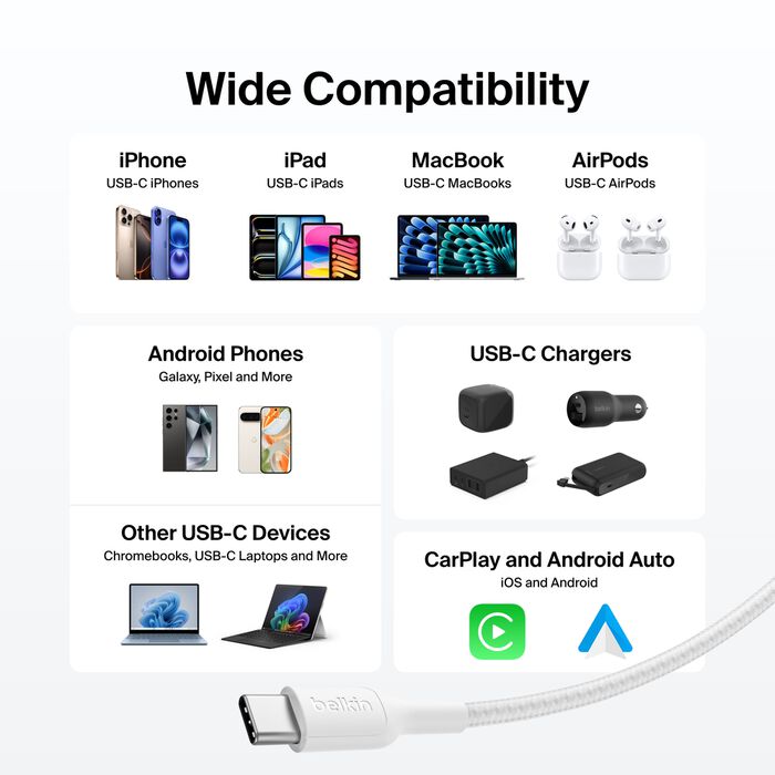 Belkin USB-C til USB-C 240W Flettet PCR Ladekabel 2m - Hvit