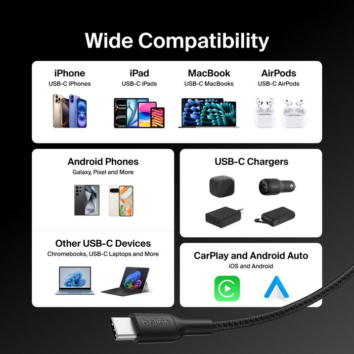 Belkin USB-C til USB-C 240W Flettet PCR Ladekabel 2m - Svart