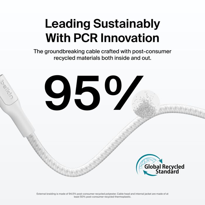 Belkin USB-C til USB-C 240W Flettet PCR Ladekabel 2m - Hvit