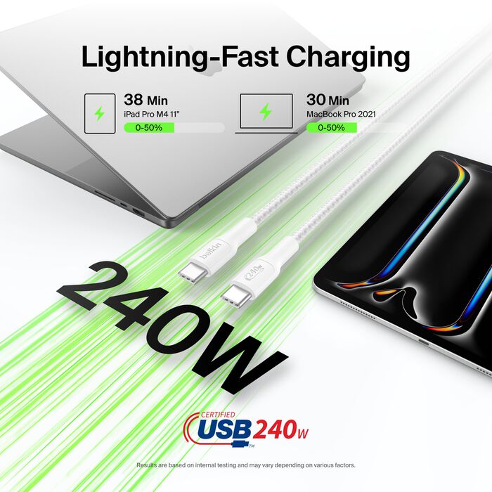 Belkin USB-C til USB-C 240W Flettet PCR Ladekabel 2m - Hvit