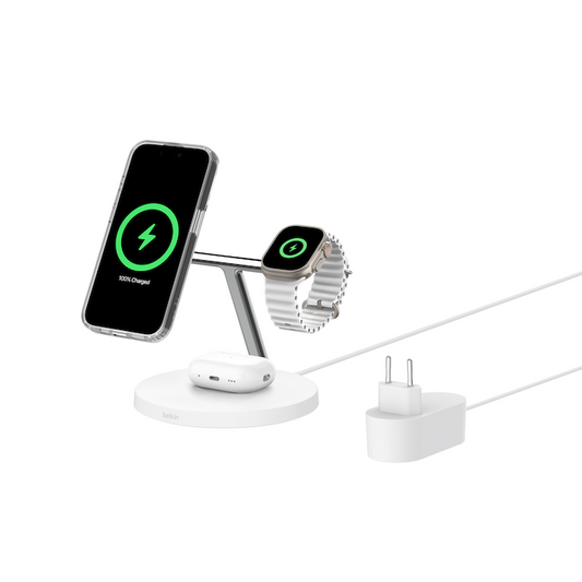 Belkin BoostCharge Pro 3-i-1 Qi2 Trådløst Ladestativ 15W - Hvit