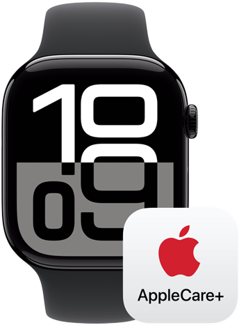 Apple Watch Series 10 vises ved siden av logoen for forsikringsavtalen AppleCare+.
