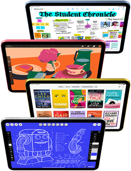 iPader sett forfra med flere forskjellige Apple- og App Store-apper på skjermen.