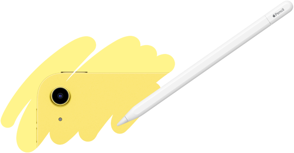 Fargelagt Apple Pencil-strøk viser baksiden på en iPad og kameraet på baksiden.