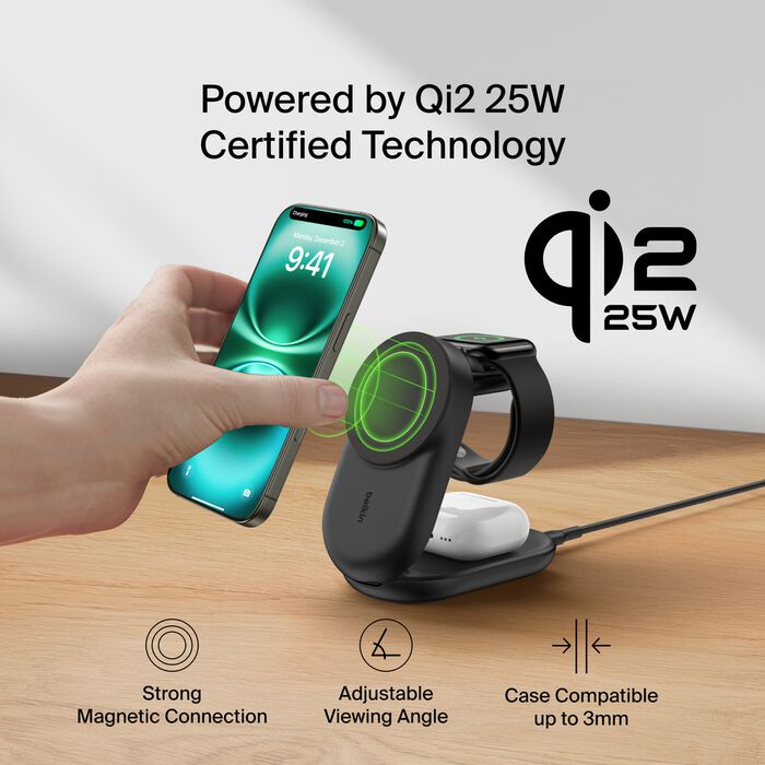Belkin 25W UltraCharge Qi2 3-i-1 Trådløs lader - Svart