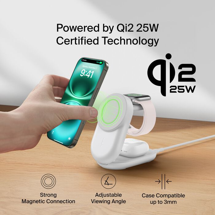 Belkin 25W UltraCharge Qi2 3-i-1 Trådløs lader - Hvit