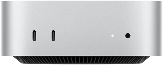 Mac mini i sølv vist fra forsiden, portene på forsiden vises